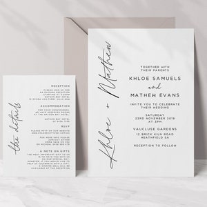 Modèle de suite d'invitations de mariage avec carte d'invitation et d'information, ensemble de 2 pièces, minimaliste, moderne, design aux lignes latérales, PDF imprimable