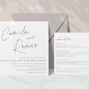 Suite d’invitation de mariage carrée imprimable avec carte d’invitation et d’information, ensemble de 2 pièces, PDF, noir et blanc, minimaliste, moderne, calligraphie