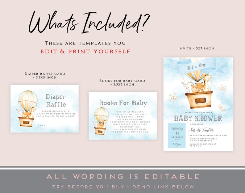 Edit /& Print Yourself Digital Air balloon Diaper Raffle Books for baby Animals Printable Baby Shower Invitation Template Set PDF DIY