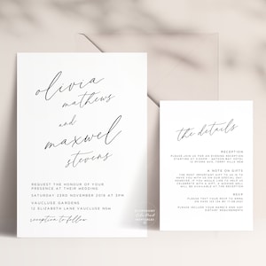 Suite d’invitation de mariage imprimable avec carte d’invitation et d’information, Briella Design 2 pièces set, Minimaliste, Moderne, Calligraphie