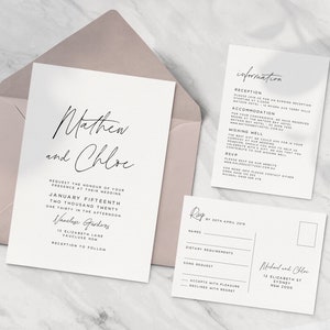 Wedding Invitation Suite with Invite, Info card, RSVP postcard, Nova Design, Printable, 3 piece set, Calligraphy, Minimalist, PDF, Editable