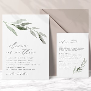 Wedding Invitation Suite Template with Invite and Information card in a Leaf Design, Greenery, Calligraphy, Printable, 2 piece set, PDF