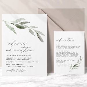 Modèle de suite d’invitation de mariage avec carte d’invitation et d’information dans un design de feuille, verdure, calligraphie, imprimable, ensemble de 2 pièces, PDF