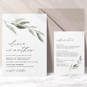 Wedding Invitation Suite Template with Invite and Information card in a Leaf Design, Greenery, Calligraphy, Printable, 2 piece set, PDF