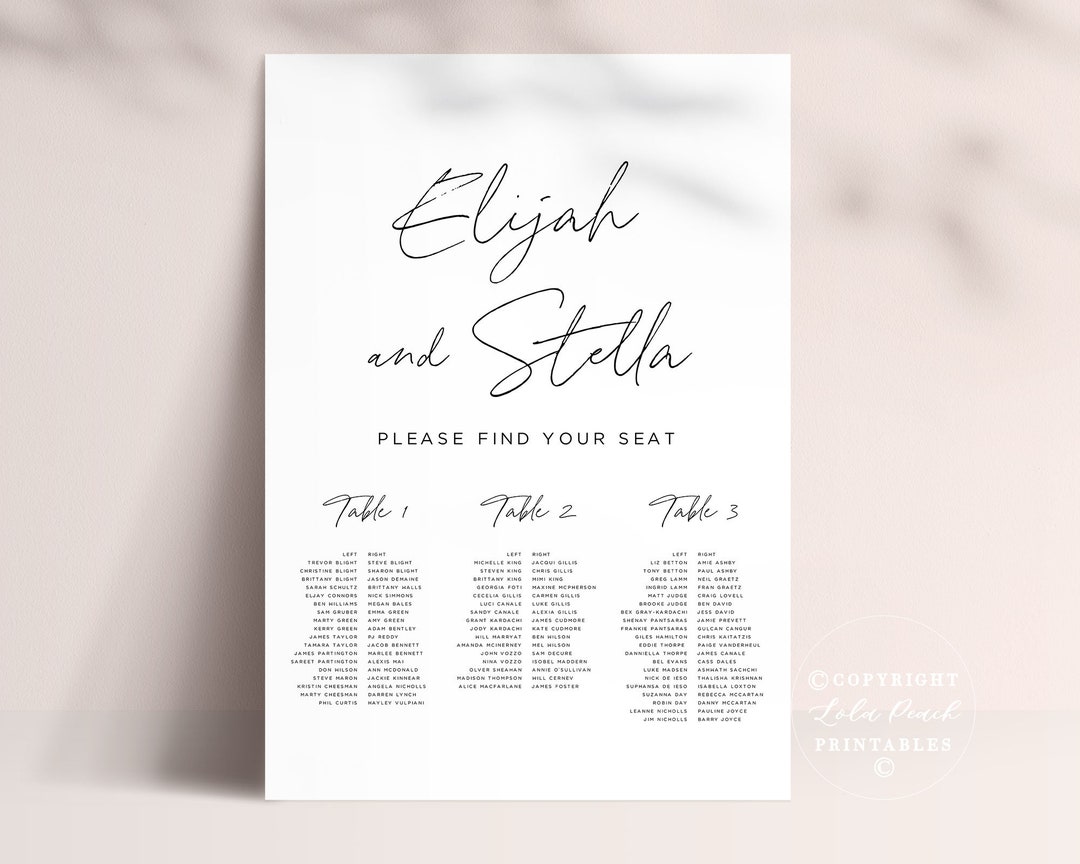 Wedding Seating Chart Sign Print Yourself, 3 Tables, Printable, Digital ...