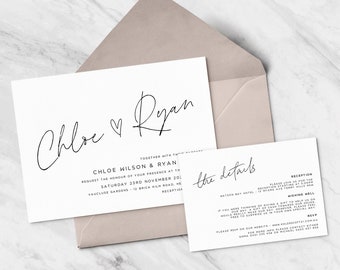 Minimalist Printable Wedding Invitation with Invite and Information card in the Chloe Design, 2 piece set, Wedding Invite Suite, Modern