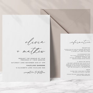 Wedding Invitation Suite Template with Invite and Information card, 2 piece set, Minimalist, Modern, Calligraphy, Printable Invite, Olivia