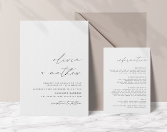 Wedding Invitation Suite Template with Invite and Information card, 2 piece set, Minimalist, Modern, Calligraphy, Printable Invite, Olivia