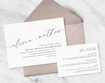 Calligraphy Printable Wedding Invitation with Invite and Information card, 2 piece set, Wedding Invite Suite, Minimalist, Modern, PDF