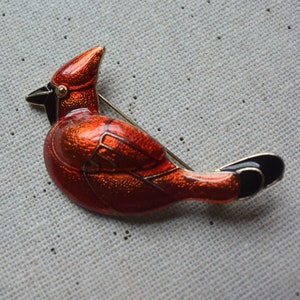 Vintage Cardinal Cloisonne Brooch, Red Cardinal Bird Pin, Enameled Metal Red Bird Brooch