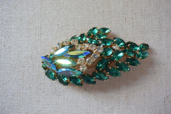 Vintage Rhinestone Brooch, Large Green & Teal Rhin