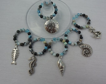 Set of 6 Beaded Wine Charms, Coastal Dining & Decor, Handmade Ocean Themed Wine Charms