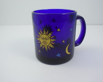 Vintage Libbey Cobalt Blue Celestial Mug, Libbey Blue Glass Moon Sun Stars Coffee Tea Cup, Libbey Mug as Seen on "Friends"