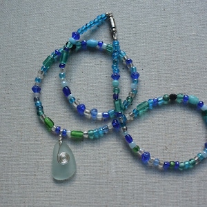 Glass Bead & Sea Glass Pendant Necklace, Handmade Sea Glass Beaded Necklace, Colorful 20" Beaded Necklace