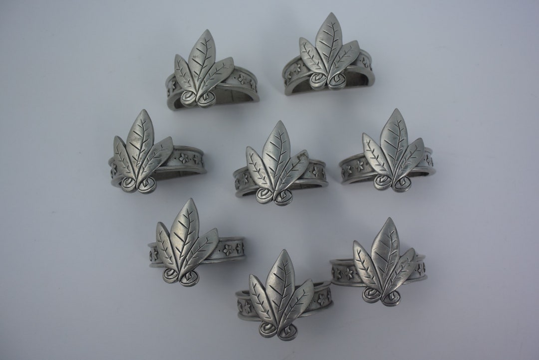 Set of 8 Pewter Napkin Holders, Vintage Pewter Napkin Rings Leaf Design