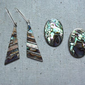 2 Pairs Handcrafted Mexican Alpaca & Abalone Earrings, Vintage Alpaca Silver and Abalone Earrings, Mexican Silver w Shell Inlay Earrings
