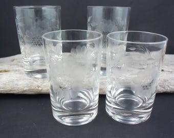 Vintage WJ Hughes "Cornflower" Juice Glasses Set of 4, Etched Corn Flower Small Glasses Canadian Vintage