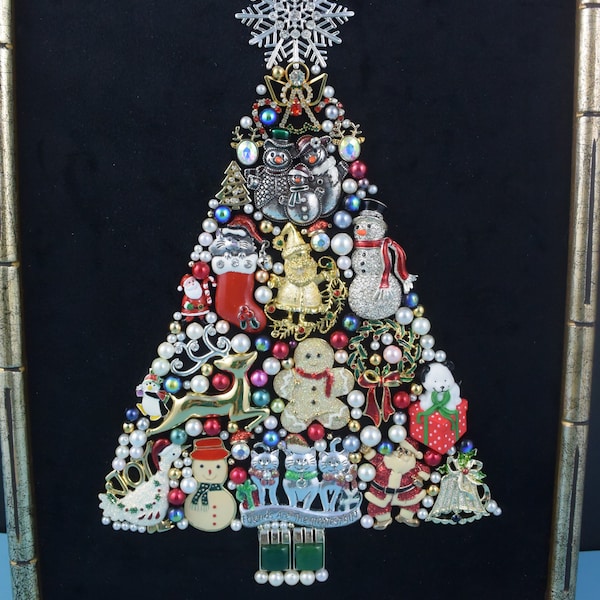 Handmade Vintage Jewelry Collage Christmas Tree, Framed Costume Jewelry Christmas Tree, Jewelry Collage Tree on Black Velvet Background