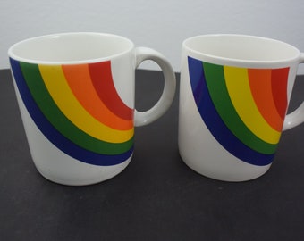 2 Vintage FTD Rainbow Mugs, Pair of 1980s Rainbow Coffee Cups, Pride Decor, LGBTQ+ Coffee Tea Mugs, Set of 2 Heavy Ceramic Rainbow Mugs