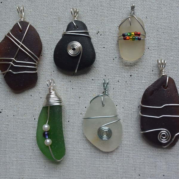 6 Wire Wrapped Genuine Sea Glass Pendants, Assortment Wire & Bead Wrapped Colored Sea Glass Pendants, Natural Beach Glass Pendants