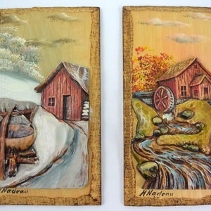 Paire de plaques murales en bois sculpté et peint à la main par H. Nadeau (Québec), plaques murales vintage fabriquées en dur, décor MCM traditionnel québécois
