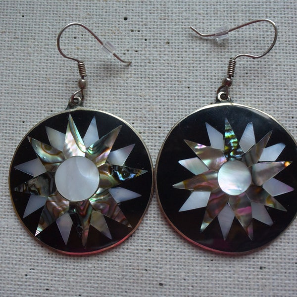 Vintage Mexican Alpaca Earrings, Mexican Silver Abalone Inlay Earrings, Shell Inlay Starburst Floral Earrings, Boho Mexican Drop Earrings