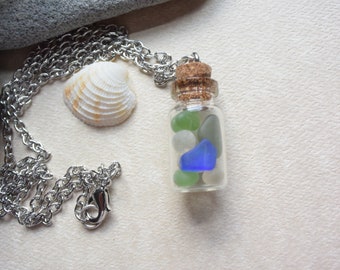 Mini Sea Glass Jar Necklace, Beach Glass Cork Bottle Pendant, Mermaid's Tears Necklace, Tiny Bottle w Sea Glass Necklace