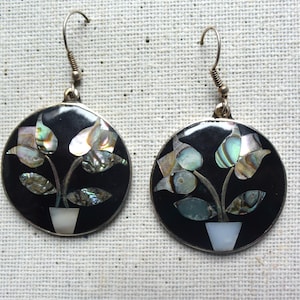 Vintage Mexican Alpaca & Abalone Earrings, Mexican Silver w Shell Inlay Dangle Earrings, Handcrafted Earrings, BOHO Earrings