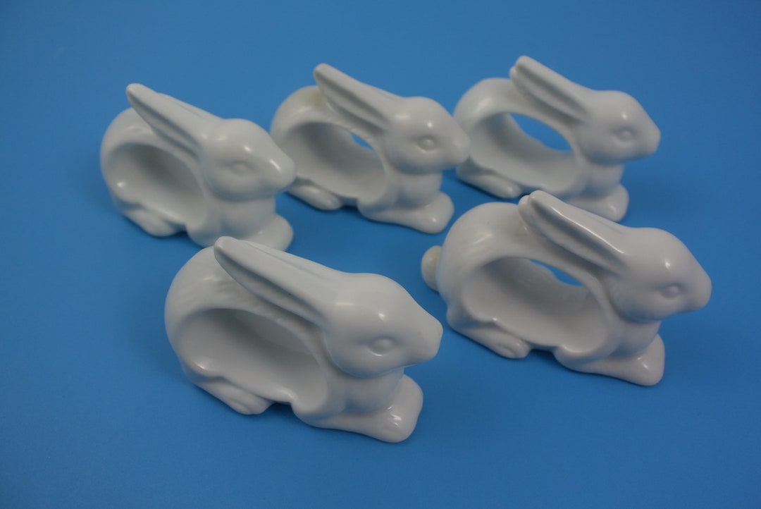 Set of 5 Vintage White Porcelain Rabbit Napkin Rings, Ceramic Rabbit