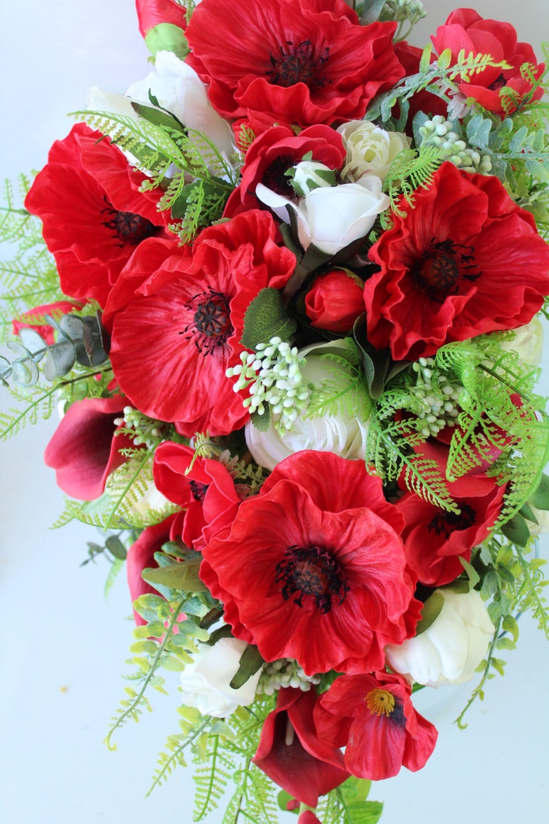 Red and White Cascade Poppy Bouquet Wedding Bouquet Red Etsy