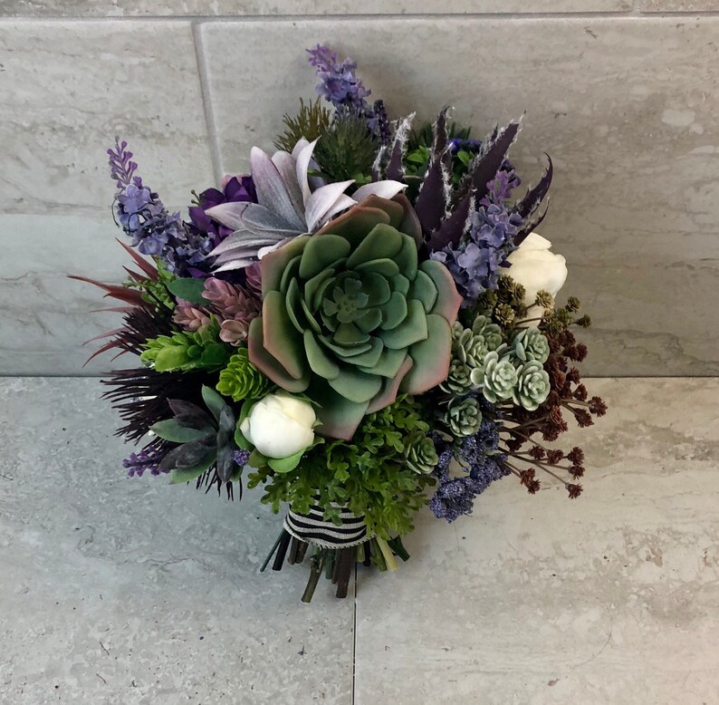 Purple green succulent silk bouquet bride bridesmaid bouquet keepsake