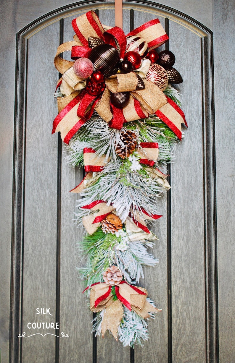 red Christmas decorations Christmas decor Christmas Wreath Christmas door swag red door swag frosted door swag,