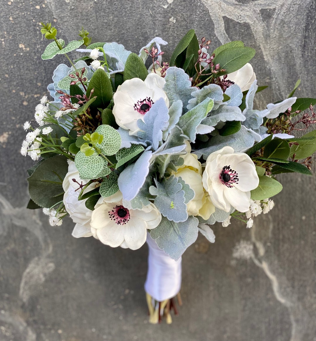Anemone Bouquet Lambs Ear Bouquet Artificial Bouquet Etsy