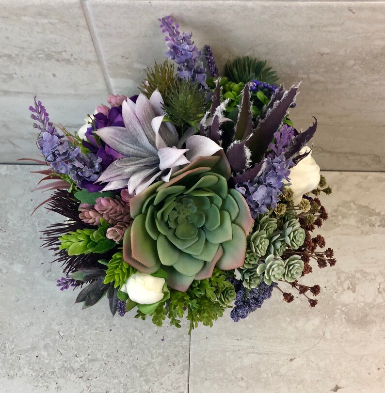 Purple green succulent silk bouquet bride bridesmaid bouquet keepsake