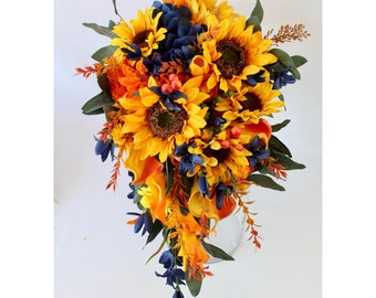 Cascade Sunflower Bouquet, Sunflower Bouquet, Blue Sunflower bouquet,  Wedding Bouquet, Wedding Bouquet, Artificial Bouquet, Silk Bouquet