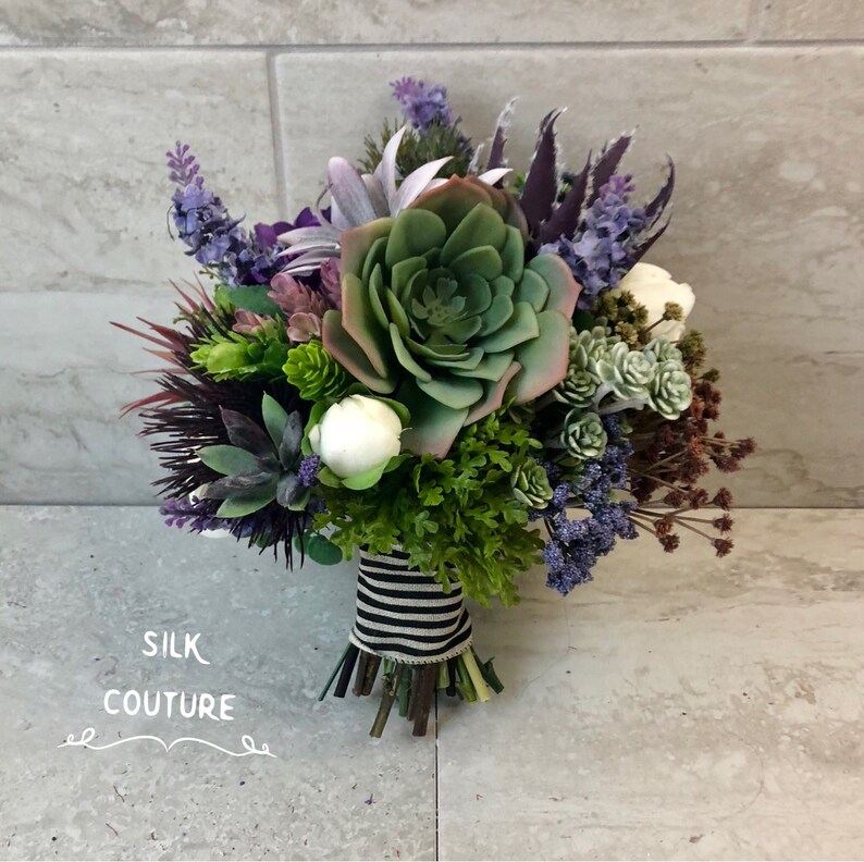 Purple green succulent silk bouquet bride bridesmaid bouquet keepsake
