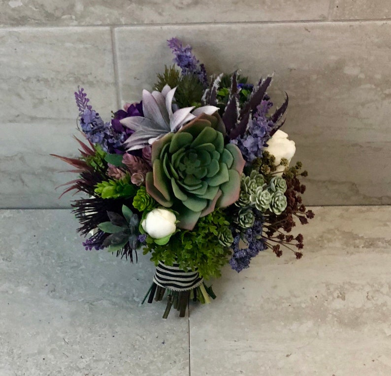 Purple green succulent silk bouquet bride bridesmaid bouquet keepsake