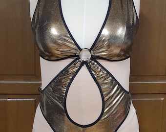 Gold and black cross-back monokini burlesque, exotic wear 1X-2X