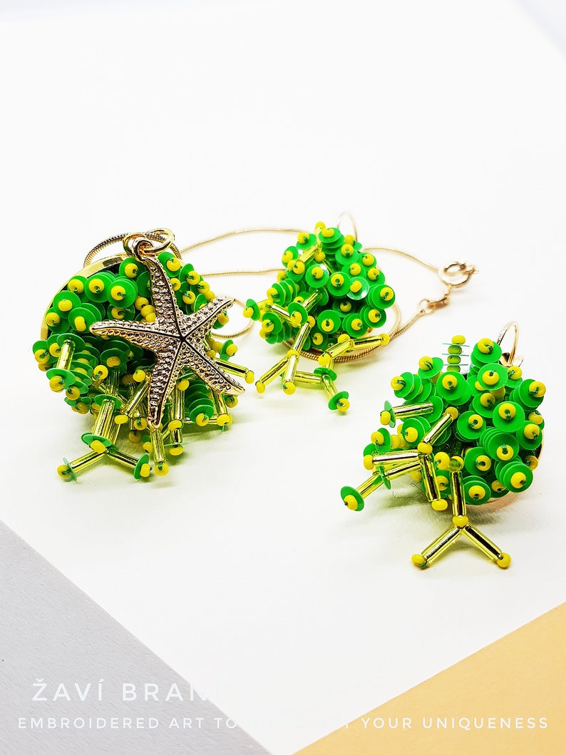 traveler accessory Green faux corals with starfish jewelry set embroidered corals earrings and pendant green peace actyvist seaside lover