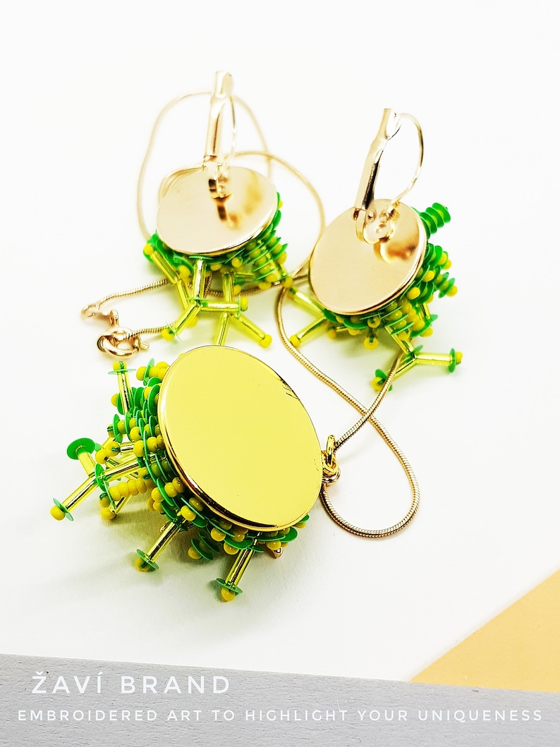 traveler accessory Green faux corals with starfish jewelry set embroidered corals earrings and pendant green peace actyvist seaside lover