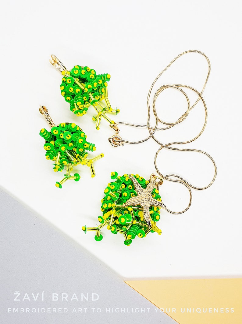 traveler accessory Green faux corals with starfish jewelry set embroidered corals earrings and pendant green peace actyvist seaside lover