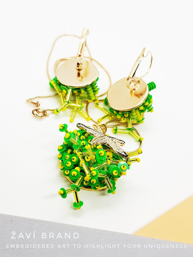 traveler accessory Green faux corals with starfish jewelry set embroidered corals earrings and pendant green peace actyvist seaside lover