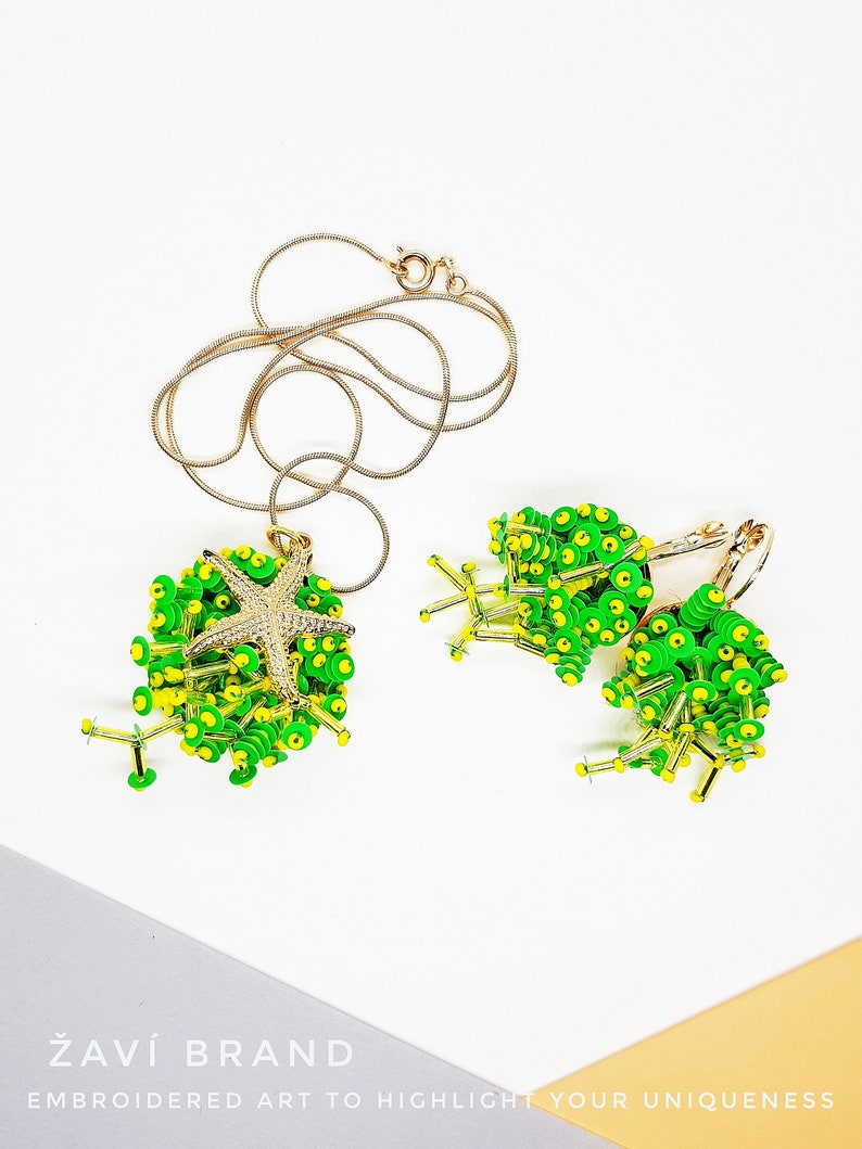 traveler accessory Green faux corals with starfish jewelry set embroidered corals earrings and pendant green peace actyvist seaside lover