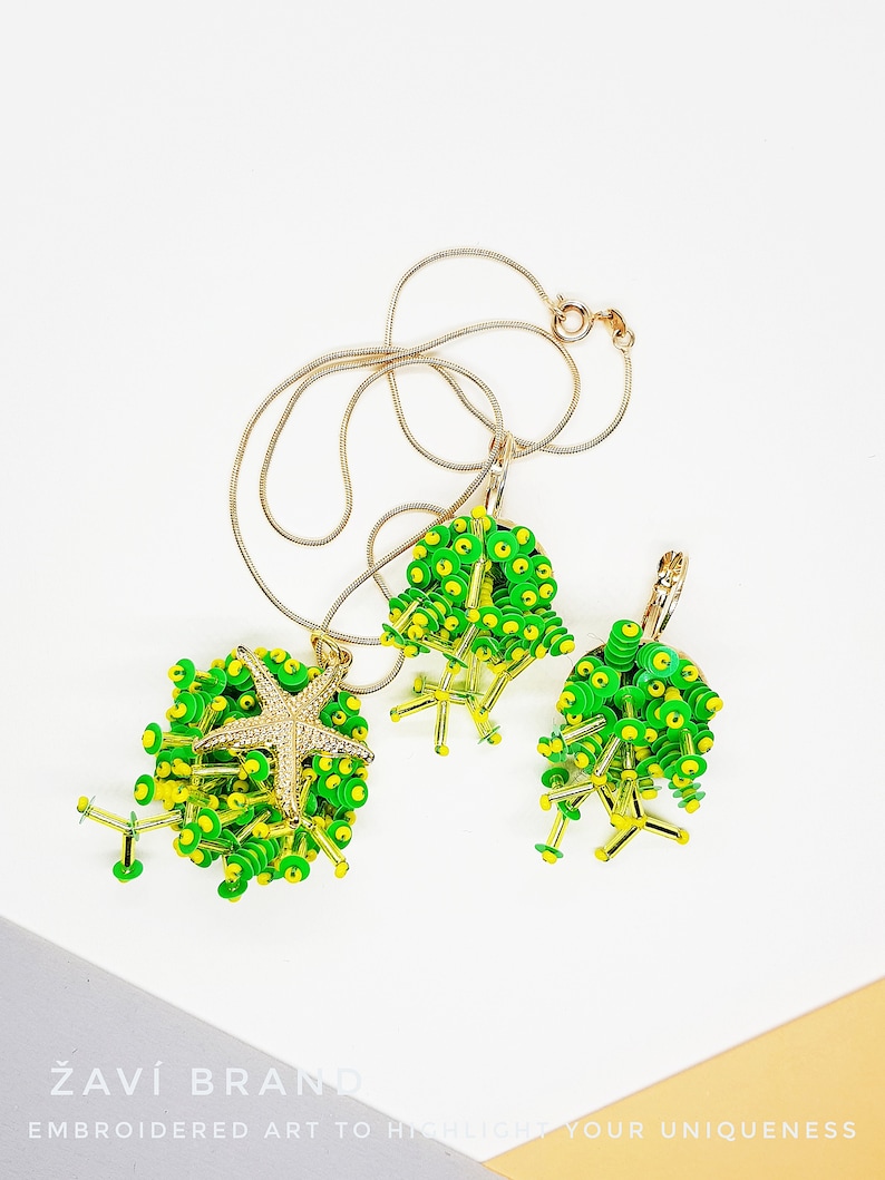 traveler accessory Green faux corals with starfish jewelry set embroidered corals earrings and pendant green peace actyvist seaside lover