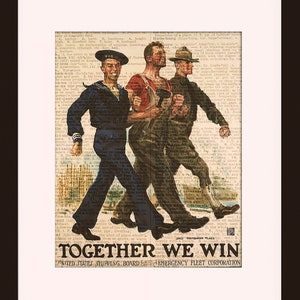 Together We Win, WWI Propaganda Poster - Dictionary Art / Art Print / Vintage Art