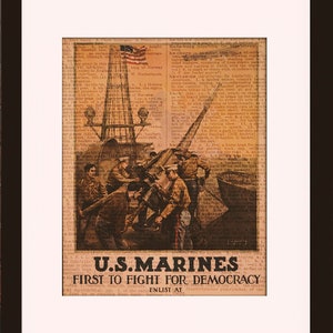 U.S. Marines - First To Fight For Democracy, WWI Recruiting Poster - Dictionary Art / Art Print / Vintage Art