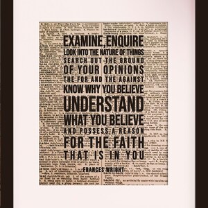Examine, Enquire Quote - Frances Wright, Literaire Poster / Literaire Citaten / Art Print