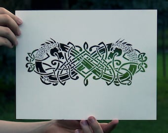 Coupe à la main Celtic Dragon Papercut Art -11.5 x 8, Paper-cut / Paper-cut / Paper-cutting