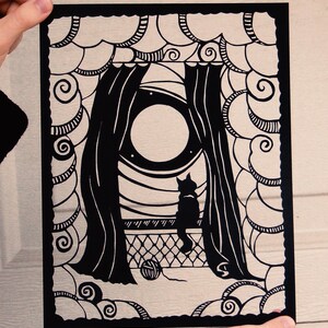 Cat in Moonlight Papercut Art - 11 x 8.5, Paper-cut / Paper cut / Paper-cutting