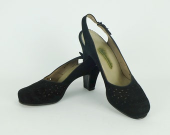 Eleganckie czółenka Salamander z lat 30./40., buty damskie, zamszowe, czarne, rozmiar 4 1/2